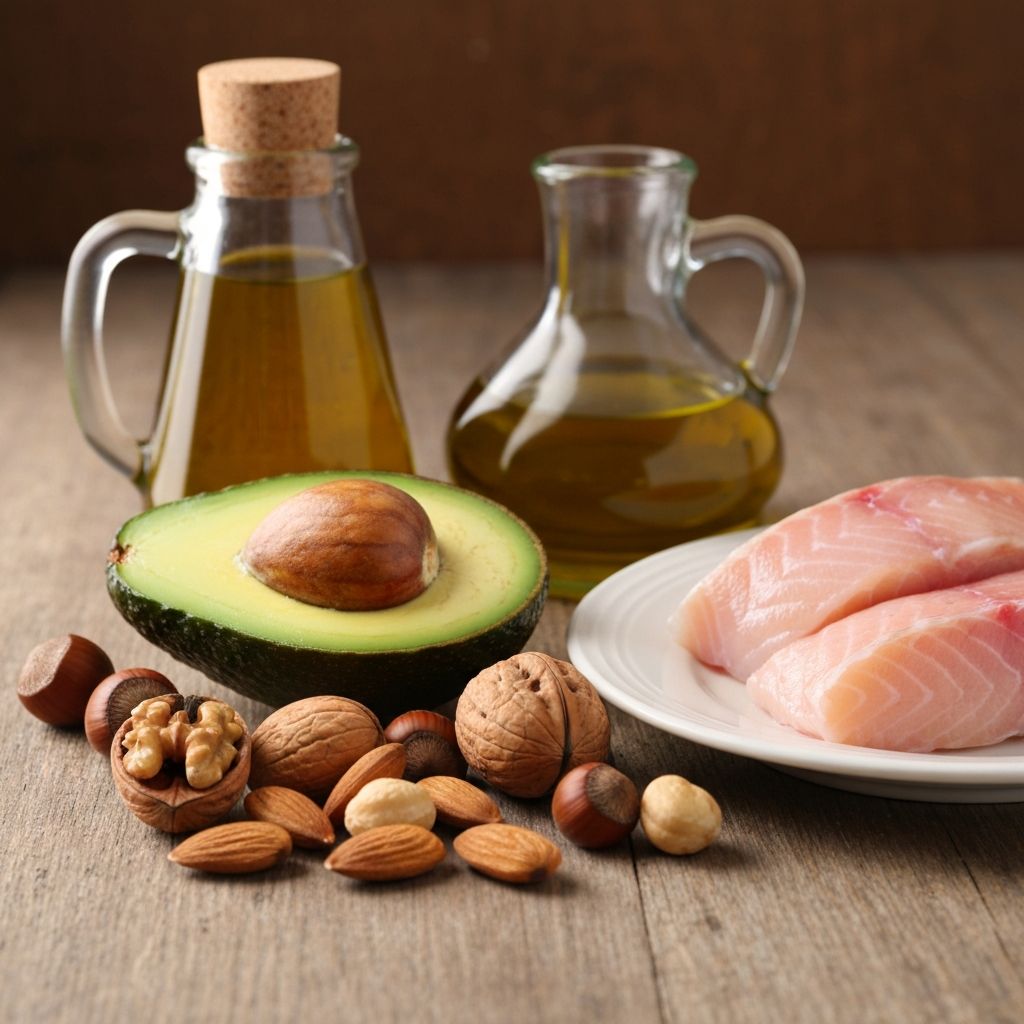 Gesunde Fette Avocado Olivenöl Nüsse und Fisch