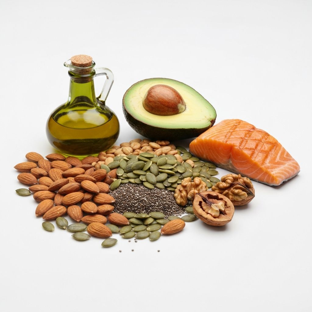 Gesunde Fette Sammlung Olivenöl Nüsse Samen Avocado und Fisch